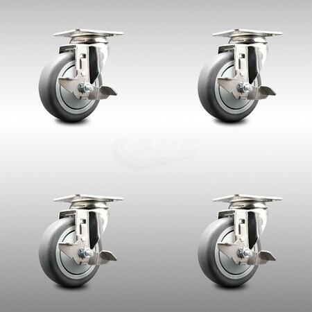 Service Caster 4 Inch 316SS Thermoplastic Rubber Wheel Swivel Top Plate Caster Set with Brake SCC-SS31620S414-TPRB-TLB-4